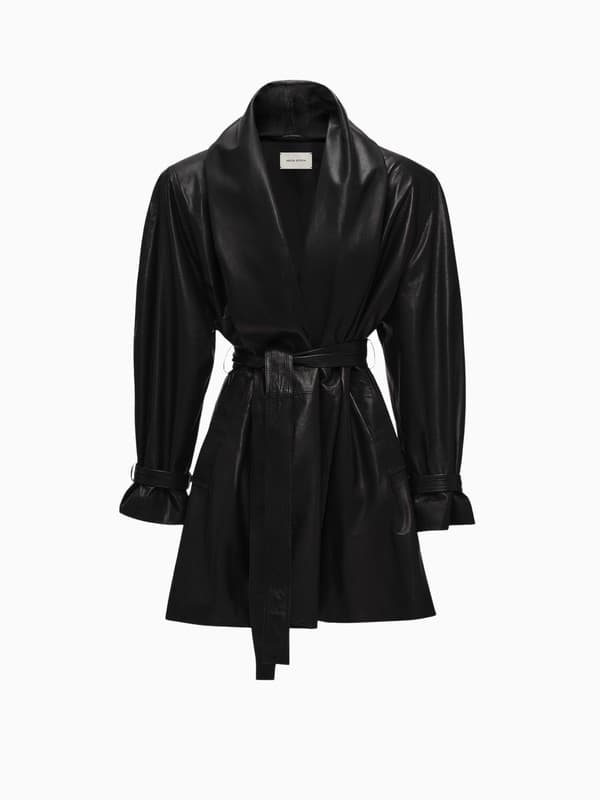 Belted Leather Jacket With Draped Collar in Black product image